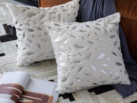 OMMATO Throw Pillows Covers 18 x 18,Set of 2 White Fur with Silver Leaves Soft Throw Pillows for Couch Bed,Accent Home Decorative Square Cushions Cases Shams Pillowcases Farmhouse,45 x 45 cm Sale